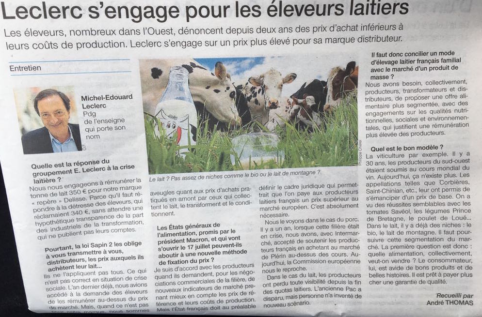 Leclerc s'engage pour les éleveurs laitiers - interview dans Ouest France