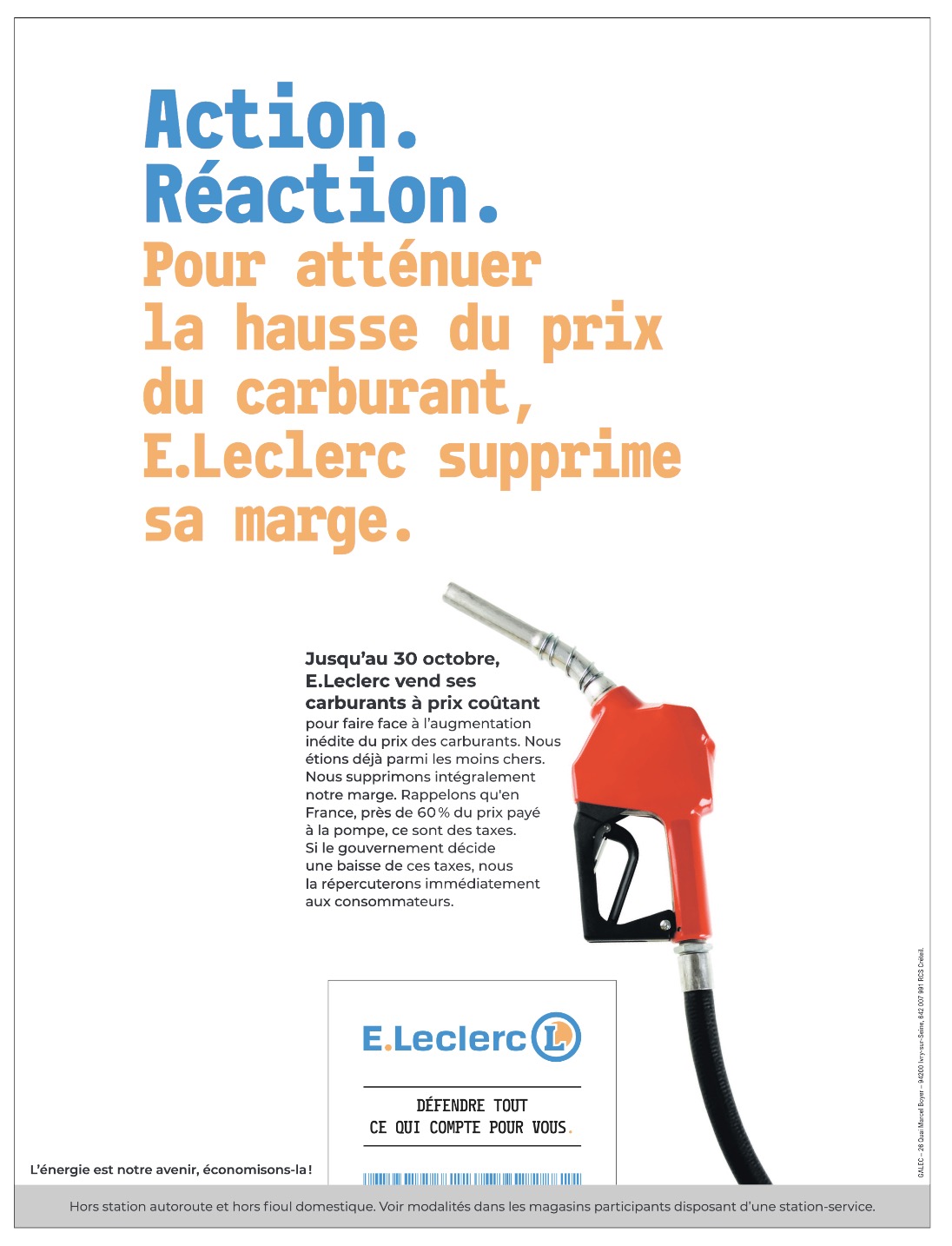 Essence à prix coûtant chez E.Leclerc jusqu'à la fin du mois d'octobre ! Prix essence moins cher