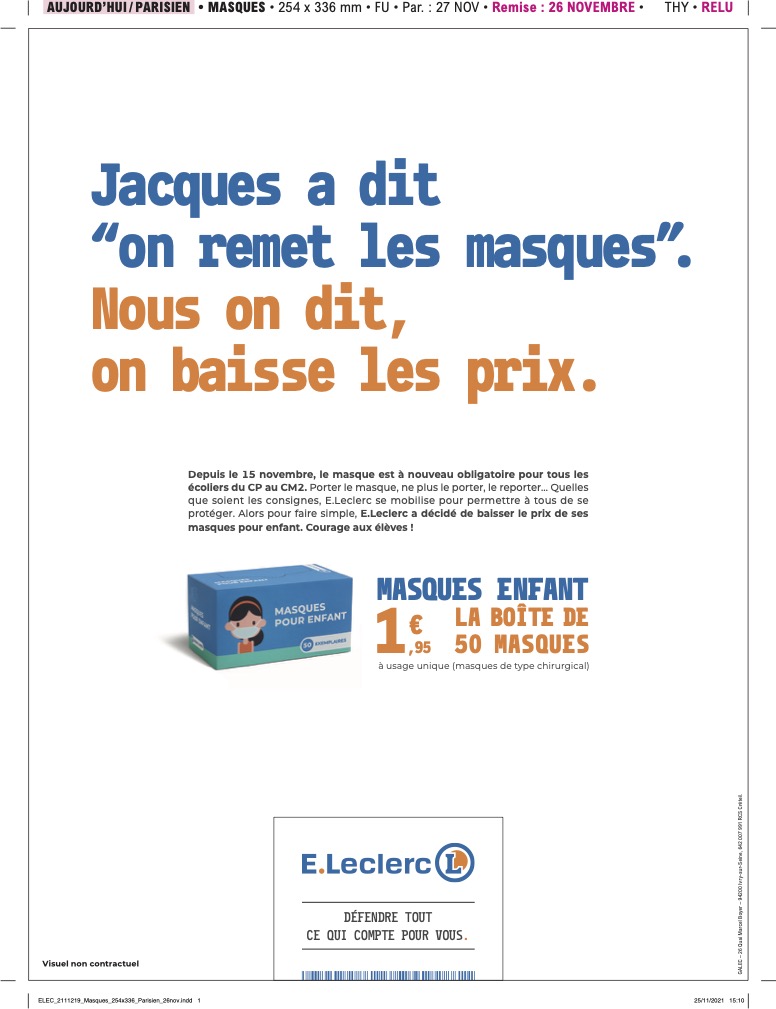 Chez E.Leclerc, la boite de 50 masques pour enfants est à... 1,95 euro ! Masques pas cher pour enfants