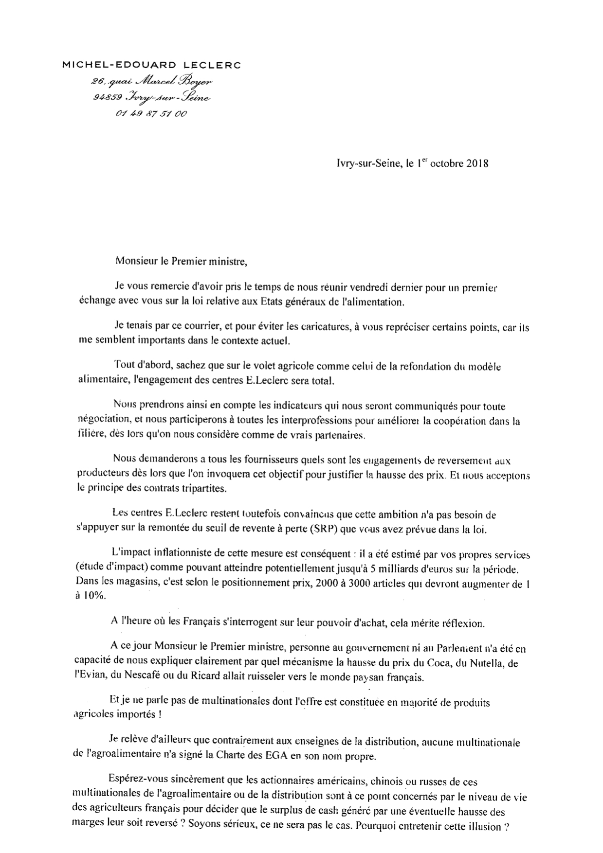 Lettre de Michel-Edouard Leclerc à Edouard Philippe